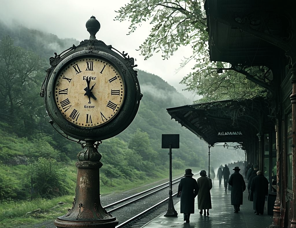 Von GEOlaViva erstellt mit KI - Created by GEOlaViva with AI Vintage Train Station With Clock Under Overcast Sky