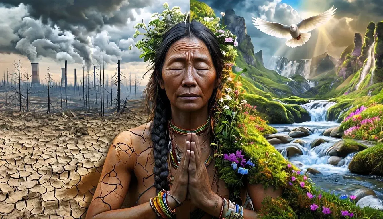 Ein kontrastreiches Bild zeigt zwei Welten: links eine trostlose Landschaft mit vertrocknetem Boden, abgestorbenen Bäumen und rauchenden Industrieanlagen unter einem dunklen Himmel; rechts eine blühende, lebendige Natur mit grünen Wiesen, fließendem Wasser und bunten Blumen, erleuchtet von Sonnenstrahlen. In der Mitte steht eine Frau mit geschlossenen Augen und gefalteten Händen, deren Körper links von Rissen durchzogen ist, während sie rechts von Blumen und Pflanzen umgeben ist. Über der Natur fliegt eine weiße Taube als Symbol des Friedens.
A high-contrast picture shows two worlds: on the left, a desolate landscape with withered soil, dead trees and smoking industrial plants under a dark sky; on the right, a blossoming, vibrant nature with green meadows, flowing water and colourful flowers, illuminated by rays of sunlight. In the centre stands a woman with closed eyes and folded hands, her body criss-crossed by cracks on the left, while on the right she is surrounded by flowers and plants. A white dove flies above nature, symbolising peace.
Von GEOlaViva erstellt mit KI - Created by GEOlaViva with AI