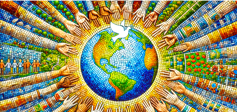 Created by GEOlaViva with AI - Von GEOlaViva erstellt mit KI Buntes Mosaik, das eine Vielzahl ausgestreckter Hände aus verschiedenen Kulturen darstellt, die auf einen strahlenden Globus in der Mitte zulaufen. Über der Erde schwebt eine weiße Friedenstaube. Im Hintergrund sind Symbole für Natur, Gemeinschaft und Nachhaltigkeit zu sehen, die eine lebendige und gerechte Zukunft symbolisieren.
Colourful mosaic depicting a multitude of outstretched hands from different cultures running towards a radiant globe in the centre. A white dove of peace hovers above the earth. Symbols of nature, community and sustainability can be seen in the background, symbolising a vibrant and just future.
Created by GEOlaViva with AI - Von GEOlaViva erstellt mit KI