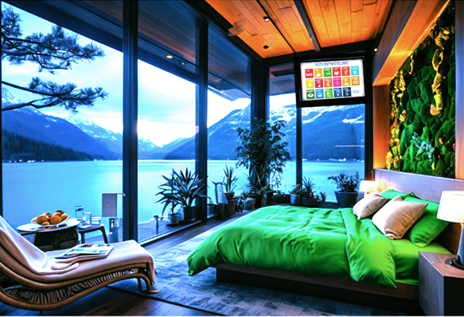 Von GEOlaViva erstellt mit KI - Created by GEOlaViva with AI Eine nachhaltige Stadtlandschaft mit Alpenpanorama im Hintergrund. Eine moderne Bahn fährt über eine elegante Brücke, während Elektrobusse und -autos emissionsfrei auf einer begrünten Straße unterwegs sind. Fußgänger und Radfahrer beleben die Szene, und Gebäude mit Solarpanelen und Blumen an den Fassaden zeigen umweltfreundliches Design. Ein Plakat mit den Zielen für nachhaltige Entwicklung (SDGs) hebt den Fokus auf zukunftsorientierte Mobilität und Lebensqualität hervor.
A sustainable urban landscape with a panoramic view of the Alps in the background. A modern railway runs over an elegant bridge, while electric buses and cars travel emission-free on a green road. Pedestrians and cyclists enliven the scene, and buildings with solar panels and flowers on their façades showcase environmentally friendly design. A poster with the Sustainable Development Goals (SDGs) emphasises the focus on future-oriented mobility and quality of life.