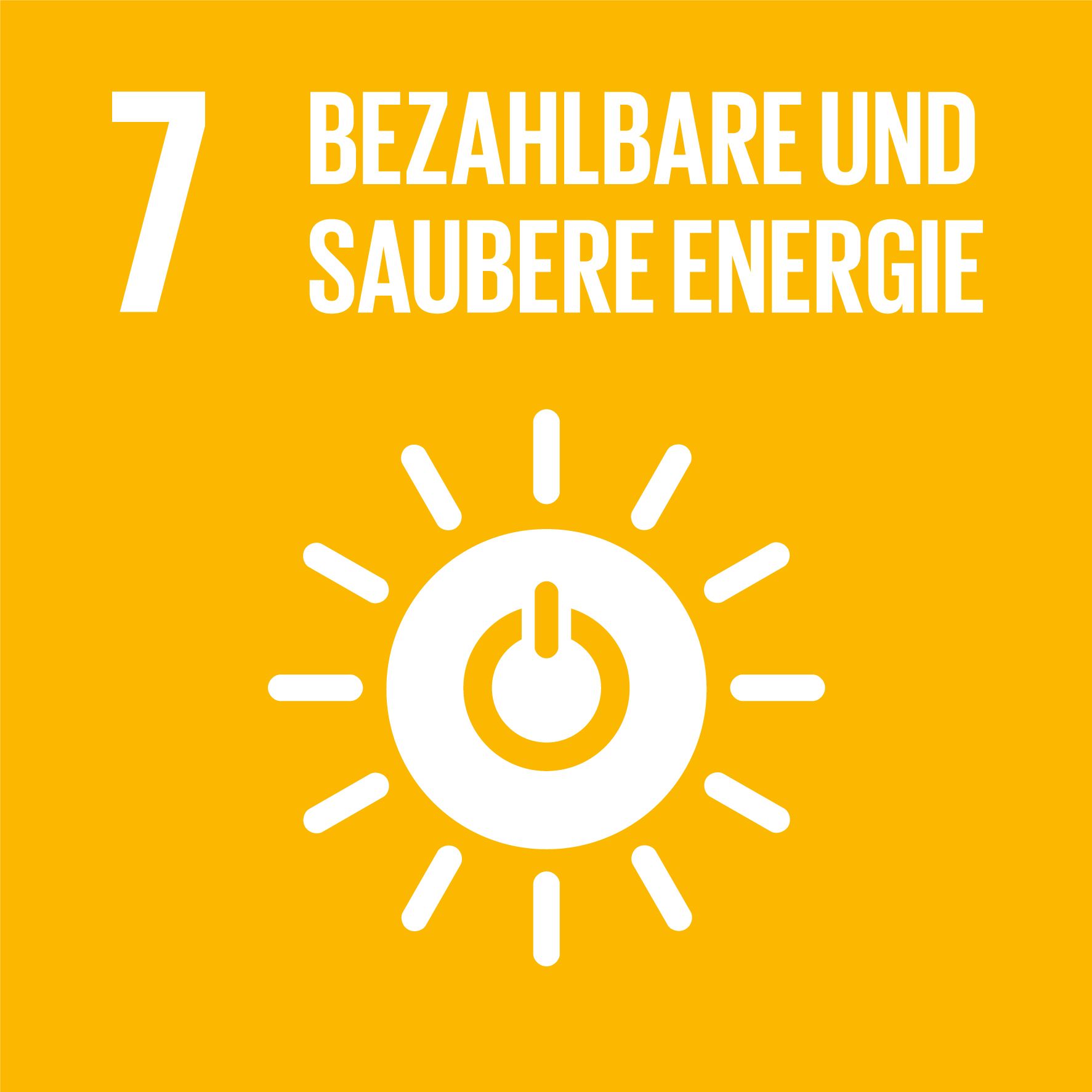 Gelbes Icon mit einer weißen Darstellung einer Sonne, Symbol für SDG 7: Bezahlbare und saubere Energie.
Yellow icon with a white representation of the sun, symbolising SDG 7: Affordable and clean energy.
