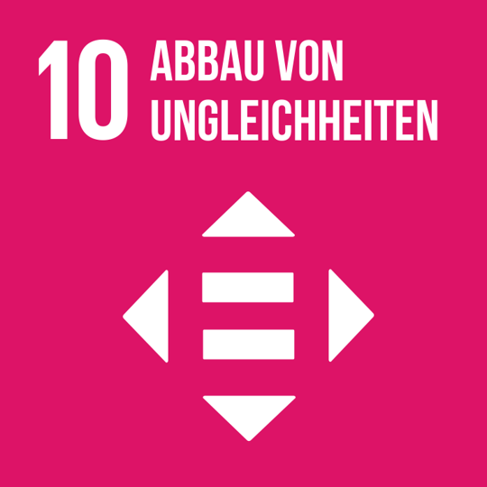 Dunkelpinkfarbenes Icon mit einem Gleichzeichen in er Mitte von dem aus zu jeder Seite vier Dreiecke als Pfeilspitzen ausgehen, Symbol für SDG 10: Weniger Ungleichheiten.
Dark pink icon with an equal sign in the centre from which four triangles extend to each side as arrowheads, symbol for SDG 10: Reduced inequalities.