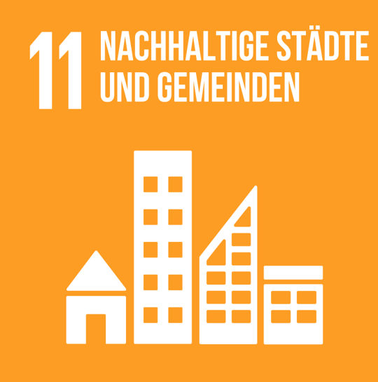 Curryfarbenes Icon mit einer weißen Darstellung von vier unterschiedlichen Gebäuden, Symbol für SDG 11: Nachhaltige Städte und Gemeinden.
Curry-coloured icon with a white representation of four different buildings, symbol for SDG 11: Sustainable Cities and Communities.