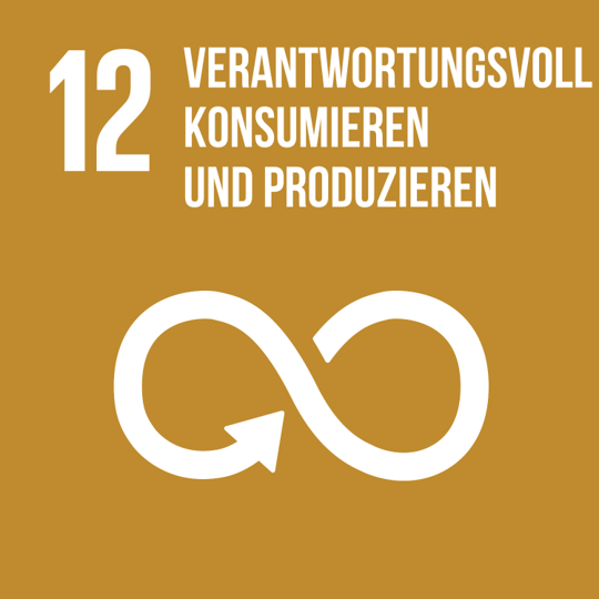 Hellbraunes Icon mit einer weißen Darstellung einer liegenden Acht als Pfeil, Symbol für SDG 12: Nachhaltige/r Konsum und Produktion
Light brown icon with a white depiction of a horizontal eight as an arrow, symbolising SDG 12: Sustainable consumption and production