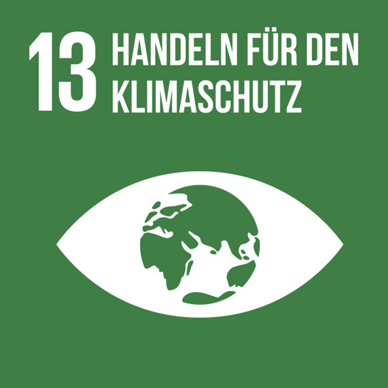 Dunkelgrünes Icon mit einer weißen Darstellung von einem Auge in dem die Pupille die Erde ist, Symbol für SDG 13: Maßnahmen zum Klimaschutz.
Dark green icon with a white depiction of an eye in which the pupil is the earth, symbolising SDG 13: Climate action.