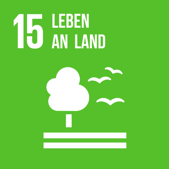Grasgrünes Icon mit einer weißen Darstellung eines Baumes unter dem zwei Striche den Boden darstellen und drei Vögel, die rechts neben dem Baum fliegen, Symbol für SDG 15: Leben an Land.
Grass green icon with a white depiction of a tree under which two lines represent the ground and three birds flying to the right of the tree, symbolising SDG 15: Life on land.