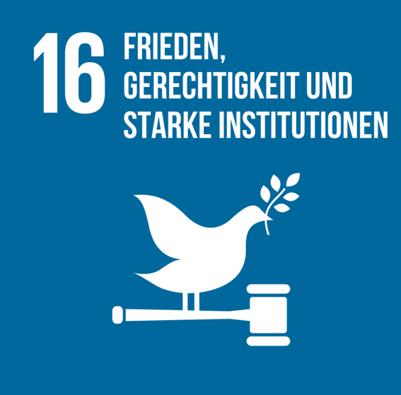Blaues Icon mit einer weißen Darstellung einer Friedenstaube, die ein Olivenzweig im Schnabel hat und auf einem Richterhammer steht, Symbol für SDG 16: Frieden, Gerechtigkeit und starke Institutionen.
Blue icon with a white depiction of a dove of peace with an olive branch in its beak and standing on a judge's gavel, symbolising SDG 16: Peace, justice and strong institutions.