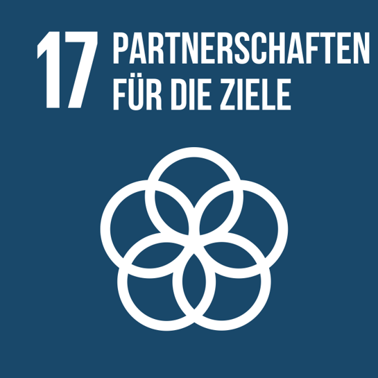 Dunkelblaues Icon mit fünf weißen, miteinander verbundenen Kreisen, Symbol für SDG 17: Partnerschaften zur Erreichung der Ziele.
Dark blue icon with five white, interconnected circles, symbolising SDG 17: Partnerships to achieve the goals.
