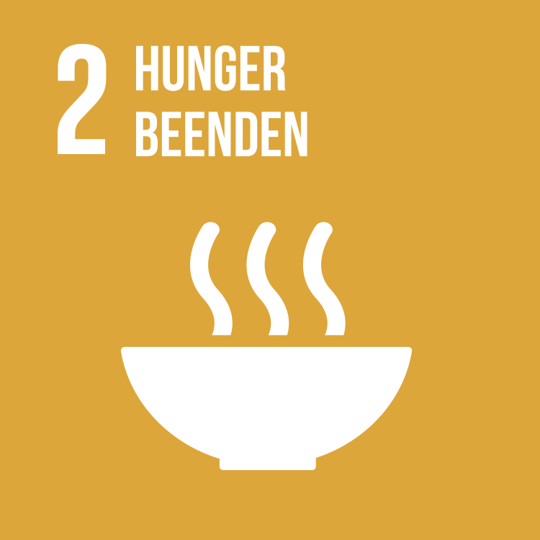 Ockerfarbenes Icon mit einer weißen Darstellung von einer Schüssel über der drei kurvige Striche als Dampf dargestellt werden, Symbol für SDG 2: Kein Hunger.
Ochre-coloured icon with a white depiction of a bowl above which three curved lines are shown as steam, symbol for SDG 2: No Hunger.