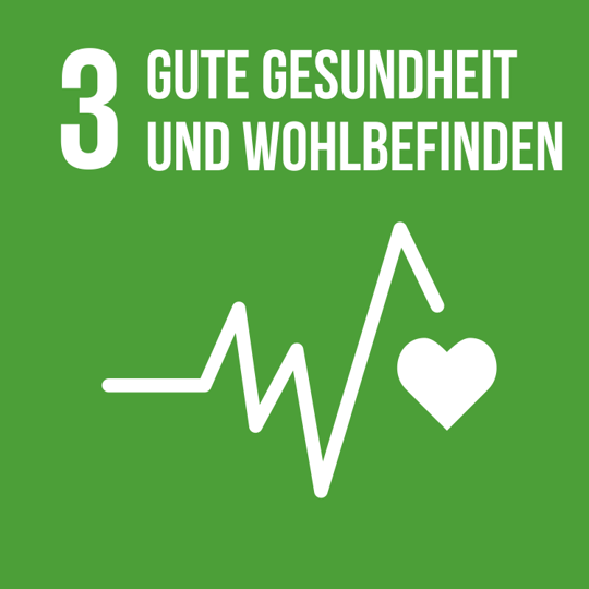 Grünes Icon mit einem weißen Herz, das in einer Pulswelle eingebettet ist, Symbol für SDG 3: Gesundheit und Wohlergehen.
Green icon with a white heart embedded in a pulse wave, symbolising SDG 3: Good health and well-being.