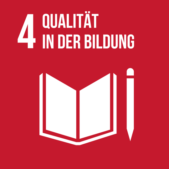 Rotes Icon mit einem weißen Buch und einem Stift, Symbol für SDG 4: Hochwertige Bildung.
Red icon with a white book and a pen, symbolising SDG 4: Quality Education.