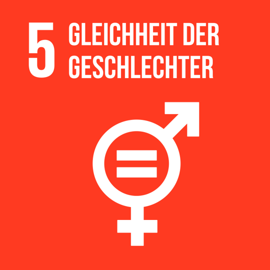 Oranges Icon mit einem weißen Symbol für Gleichheit,Symbol für SDG 5: Geschlechtergleichheit.
Orange icon with a white symbol for equality, symbolising SDG 5: Gender Equality.