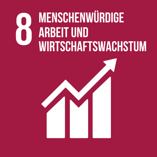 Bordeauxfarbenes Icon mit drei unterschiedlich großen weißen Blöcken und einem aufsteigenden Pfeil, Symbol für SDG 8: Menschenwürdige Arbeit und Wirtschaftswachstum
Bordeaux-coloured icon with three white blocks of different sizes and an ascending arrow, symbol for SDG 8: Decent Work and Economic Growth