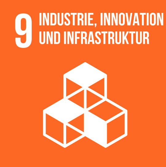 Oranges Icon mit einer weißen Darstellung von drei geometrischen Formen (Würfel), Symbol für SDG 9: Industrie, Innovation und Infrastruktur.
Orange icon with a white representation of three geometric shapes (cubes), symbolising SDG 9: Industry, innovation and infrastructure.