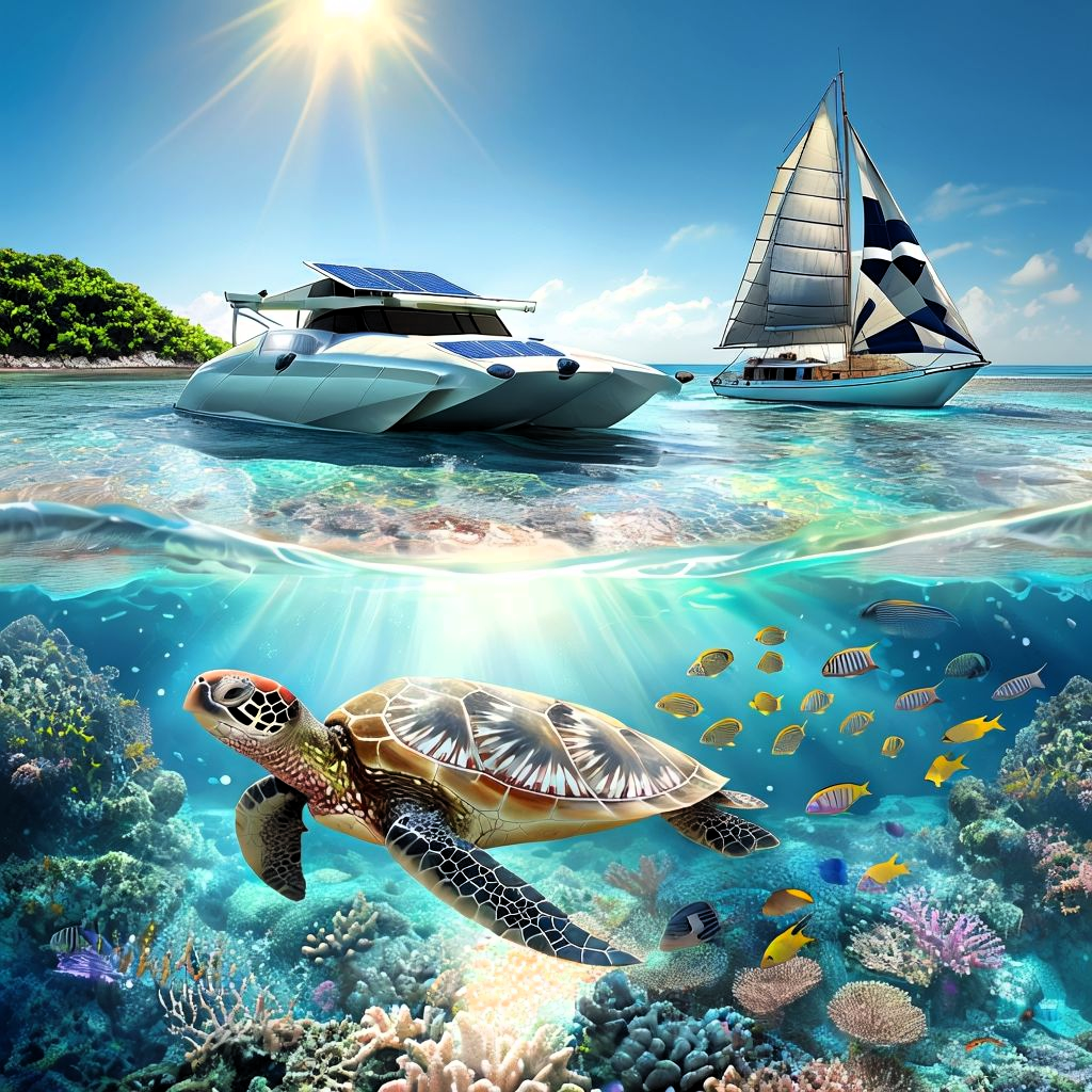 Ein Solarboot und ein Segelboot auf einem kristalklaren Ocean unter dem die Unterwasserwelt mit bunten Fischen, Korallen und einer Meeresschildkröte zu sehen ist.
Von GEOlaViva erstellt mit KI -
A solar boat and a sailing boat on a crystal-clear ocean under which the underwater world with colourful fish, corals and a sea turtle can be seen.
Created by GEOlaViva with AI