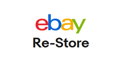 Buntes Ebay Logo mit schwarzer Re-store Schrift auf weißem Hintergrund.
Colorful Ebay logo with black re-store lettering on a white background