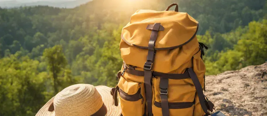 Ein gelber Wanderrucksack und ein Strohhut liegen auf einem Felsen mit Blick auf eine grüne, waldreiche Landschaft im Sonnenlicht. Die Szene symbolisiert Naturverbundenheit und nachhaltiges Reisen.
A yellow hiking rucksack and a straw hat lie on a rock with a view of a green, wooded landscape in the sunlight. The scene symbolises closeness to nature and sustainable travel.
Von GEOlaViva erstellt mit KI - Created by GEOlaViva with AI