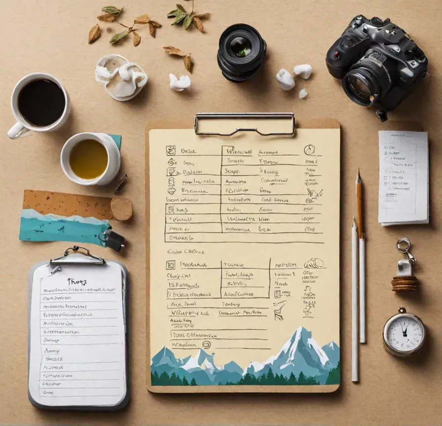 Eine kreative Darstellung von Reisevorbereitungen: Eine Kamera, Objektive, ein Notizblock mit Reiseplanung, zwei Tassen mit Kaffee und Tee, ein Stift, ein Reiseführer und dekorative Elemente wie Blätter und Muscheln auf einem Schreibtisch aus Naturmaterialien.
A creative representation of travel preparations: A camera, lenses, a notepad with travel plans, two cups of coffee and tea, a pen, a travel guide and decorative elements such as leaves and shells on a desk made of natural materials.
Von GEOlaViva erstellt mit KI - Created by GEOlaViva with AI