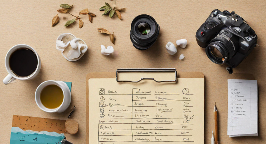 Von GEOlaViva erstellt mit KI - Created by GEOlaViva with AI Eine kreative Darstellung von Reisevorbereitungen: Eine Kamera, Objektive, ein Notizblock mit Reiseplanung, zwei Tassen mit Kaffee und Tee, ein Stift, ein Reiseführer und dekorative Elemente wie Blätter und Muscheln auf einem Schreibtisch aus Naturmaterialien.
A creative representation of travel preparations: A camera, lenses, a notepad with travel plans, two cups of coffee and tea, a pen, a travel guide and decorative elements such as leaves and shells on a desk made of natural materials.
Von GEOlaViva erstellt mit KI - Created by GEOlaViva with AI