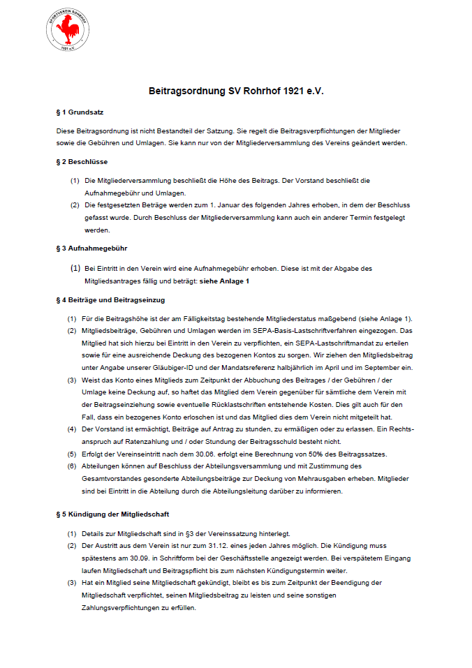 Beitragsordnung SVR Beitragsordnung, SV Rohrhof 1921