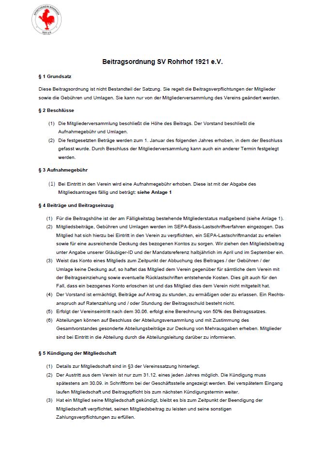 Beitragsordnung SVR Beitragsordnung, SV Rohrhof 1921