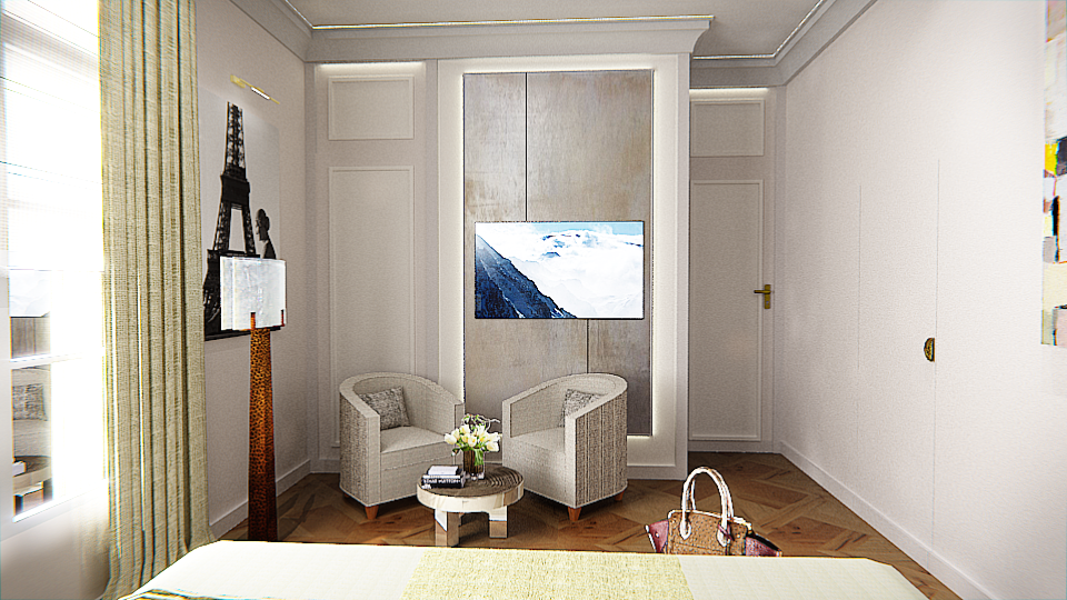 Panneau_Tv_sur_mesure_ouverture_panneau_supérieur_patine_argentée #Table_basse_Ado_Chale #Luminaire_Marcella_Briza_Interiors