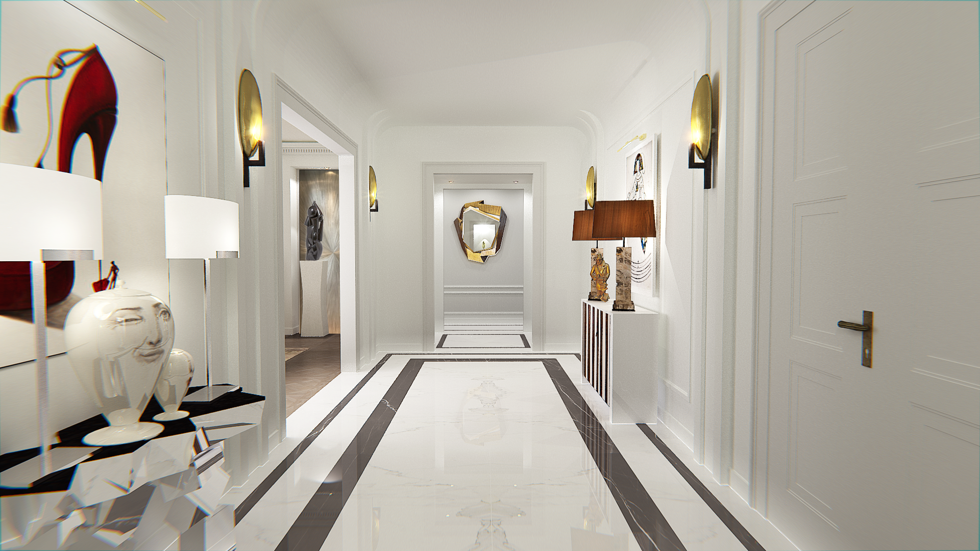 Hall Entrée en marbre #Calacatta Borghini_Incrustation marbre grisPietra_Grey # Hervé van der Straeten_Console Cristalloide _# Hervé van der Straeten buffet Rythme_# Hervé van der Straeten appliques Coque