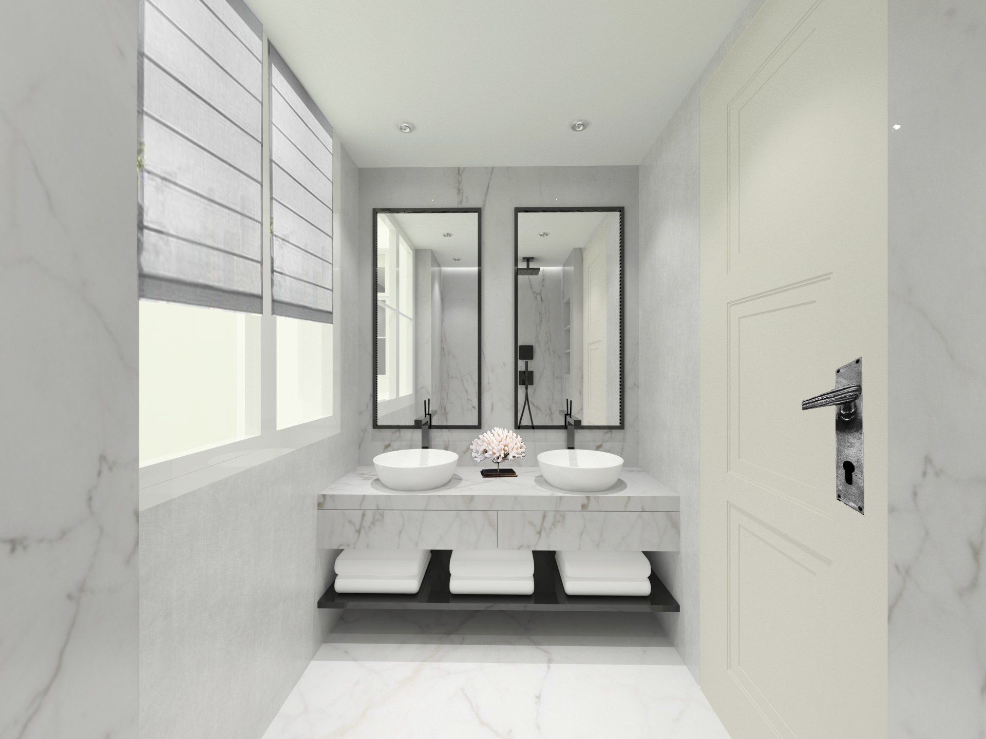 Marbre_Statuario_Vena_Fine_assorti_de béton_ciré_pour_cette_salle_d'eau #poignées_Série_Rare