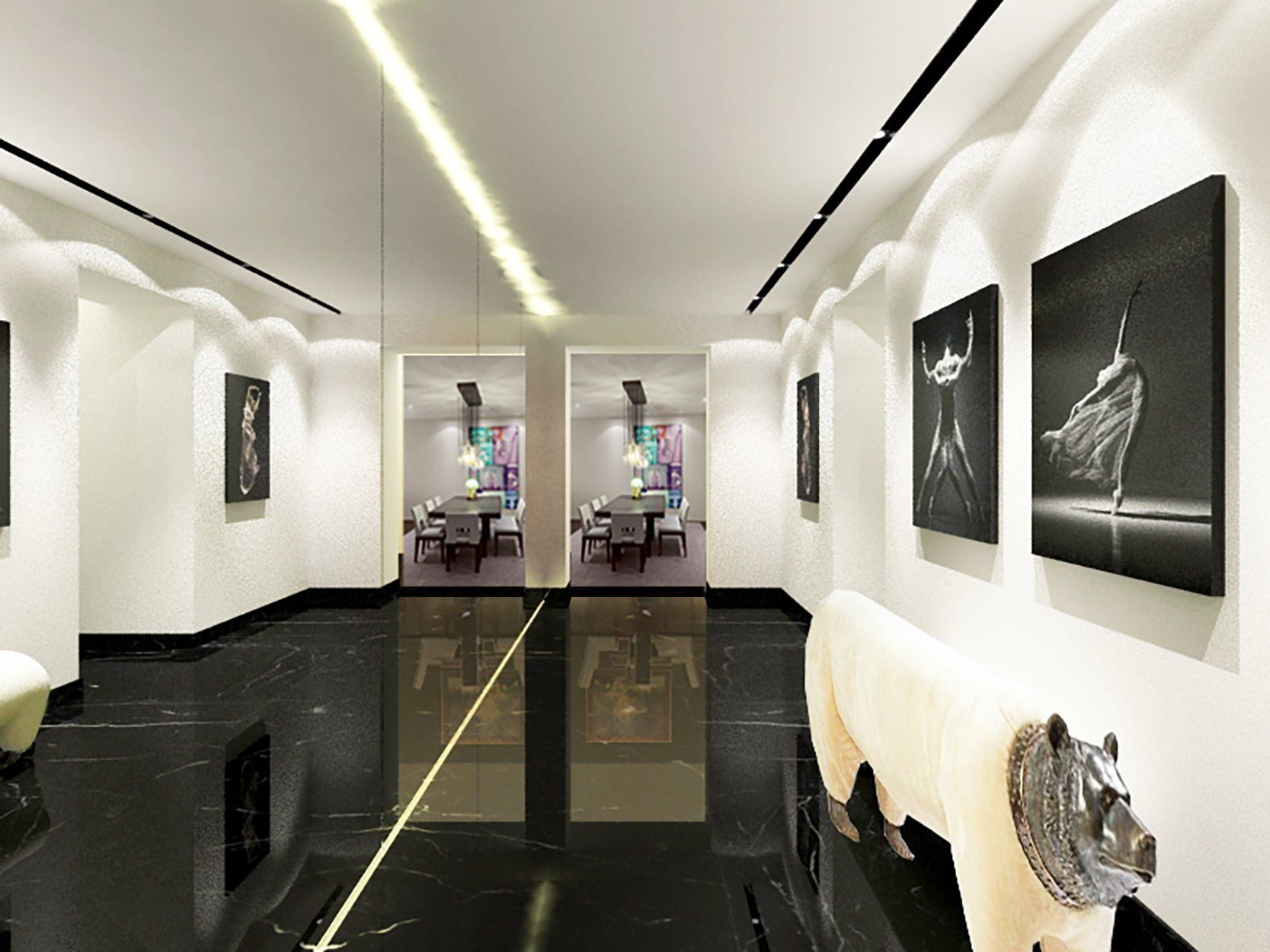 Galerie d'entrée en marbre noir - Galerie design - marbre Marquina - éclairage led plafond et sol - armoires d'entrée portes miroir