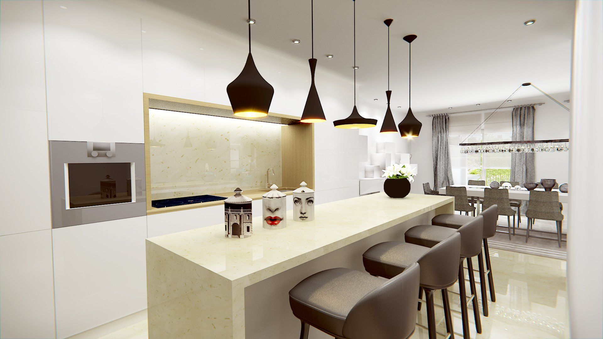 Salon design - Panneau avec télévision à fleur - module bas Visionnaire - canapé Fendi Casa - Bout de canapé Marcella Briza Interiors