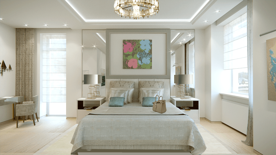 Chambre Design luxe - Miroirs de chaque côté de la tête de lit - Suspension Mathieu Lustrerie - Tapis Armani Casa