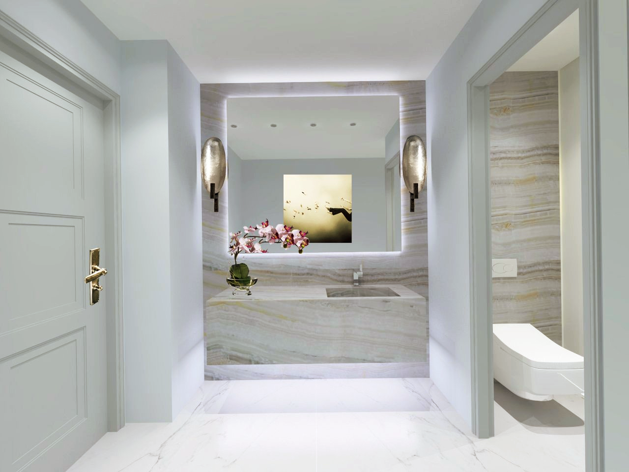 Onyx chiffon pour les murs et le meuble vasque de cette toilette invités _Calacatta borghini au sol