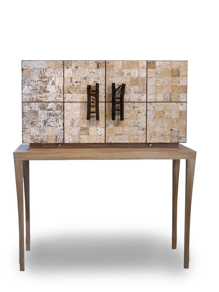 Secrétaire contemporain Theon-piètement-chêne- massif-Façade marqueterie d'écorce de boulot 110x45xH130cm