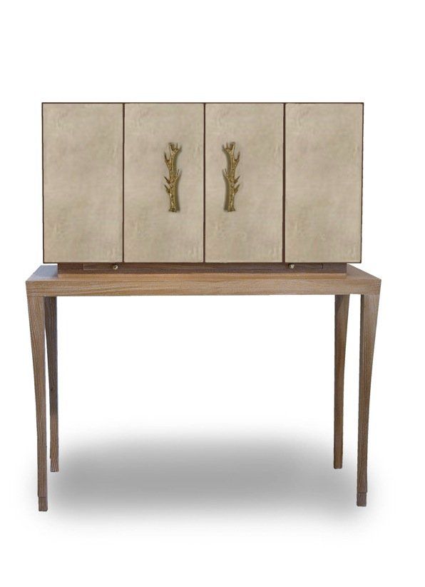 Secrétaire contemporain-Tyrion-Piètement en chêne massif- ouverture-accordéon-finition-parchemin-110x43xH121cm