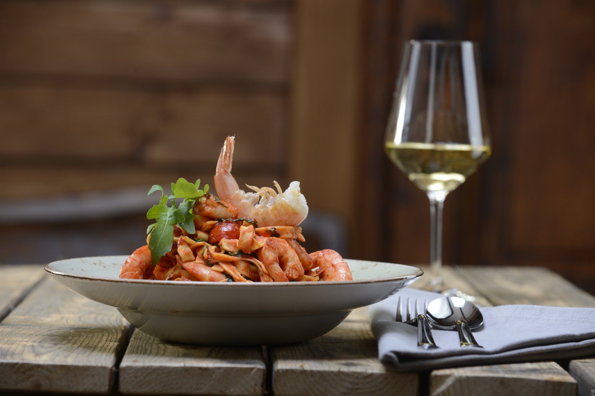 Nudelgericht - Pasta mit Garnelen im Texas Steakhouse in Erfurt.