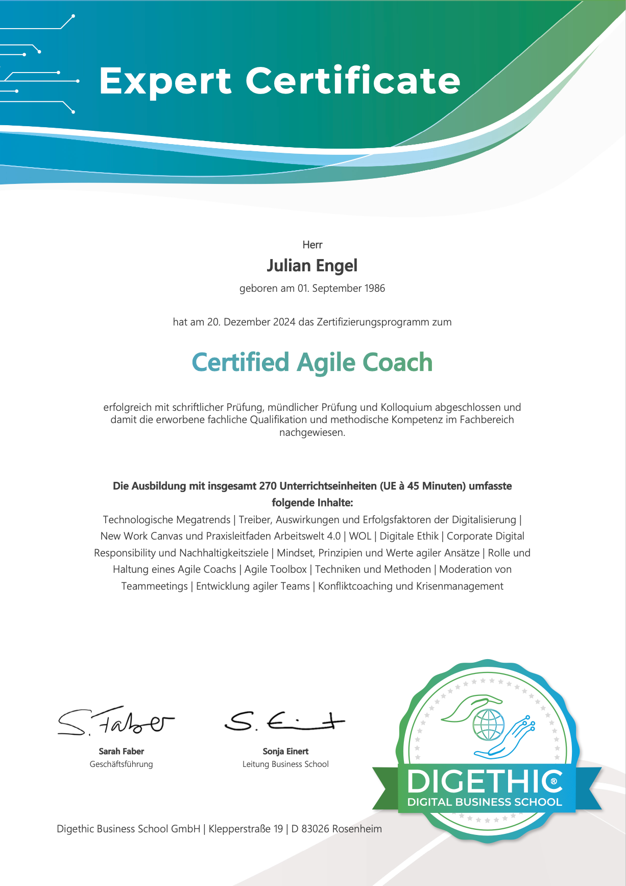 Zertifikat Agile Coach Digethic - Julian Engel