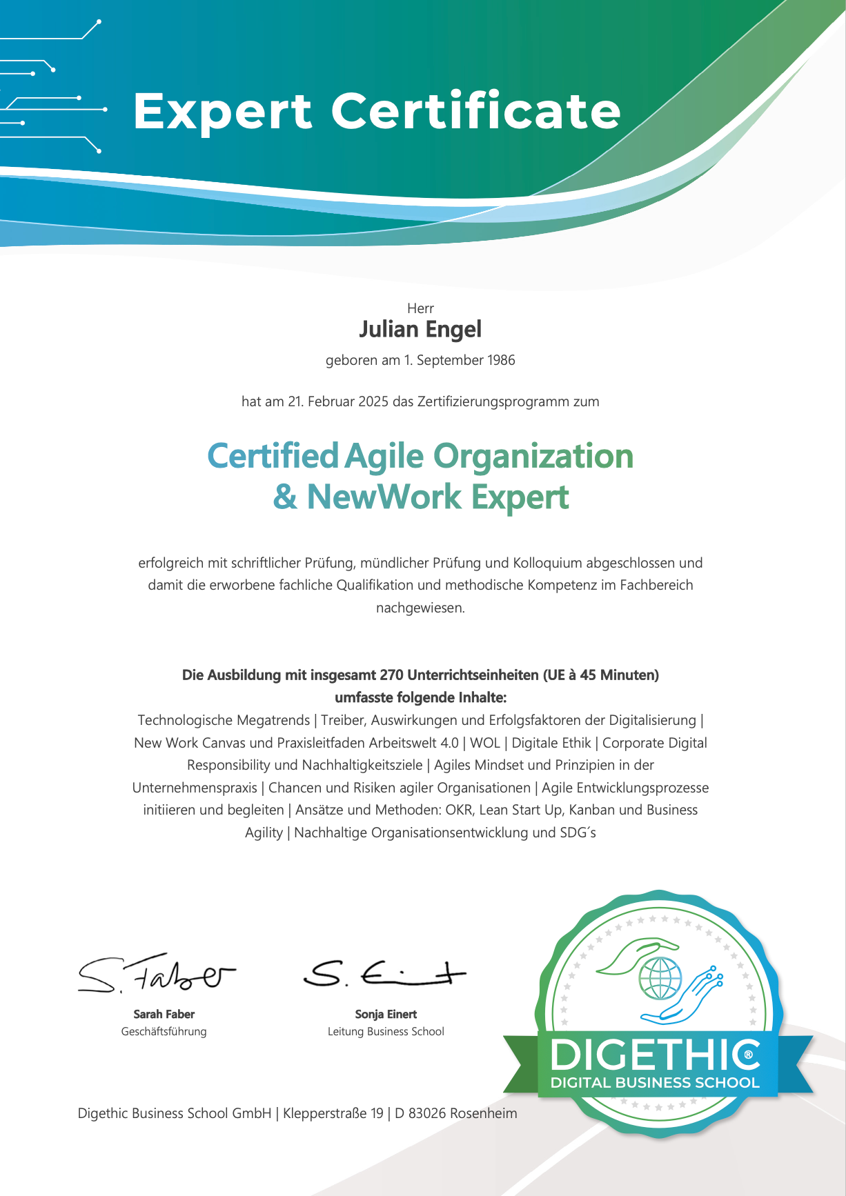 Zertifikat Agile OE und New Work Expert - Julian Engel