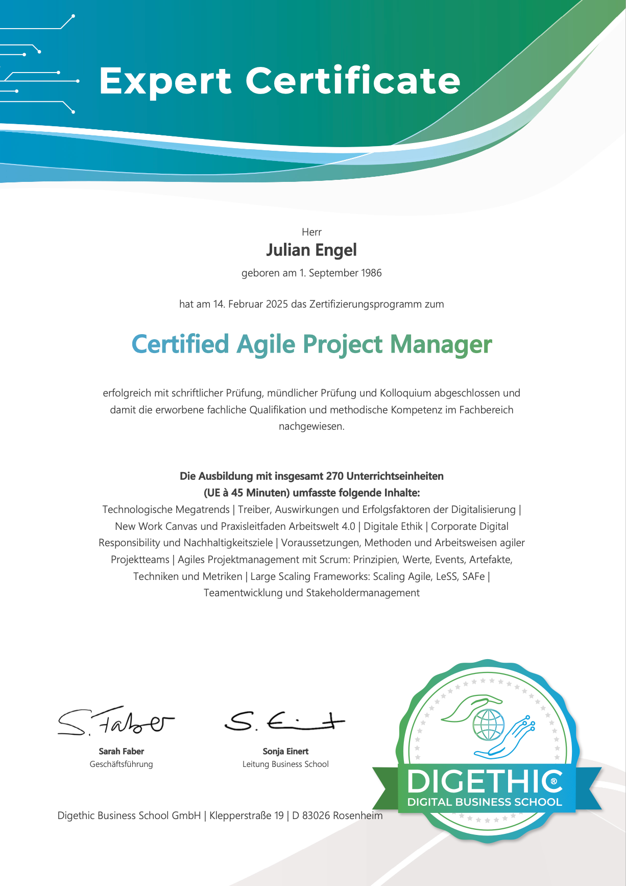Zertifikat Agile Project Manager Digethic - Julian Engel