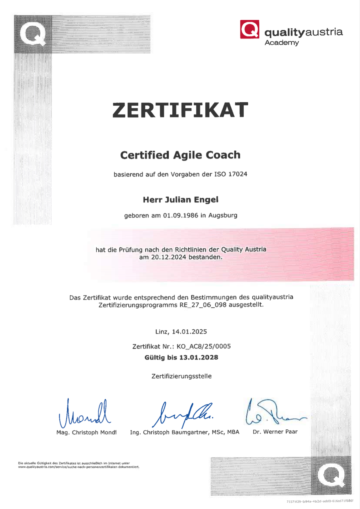 Zertifikat Agile Coach Quality Austria - Julian Engel