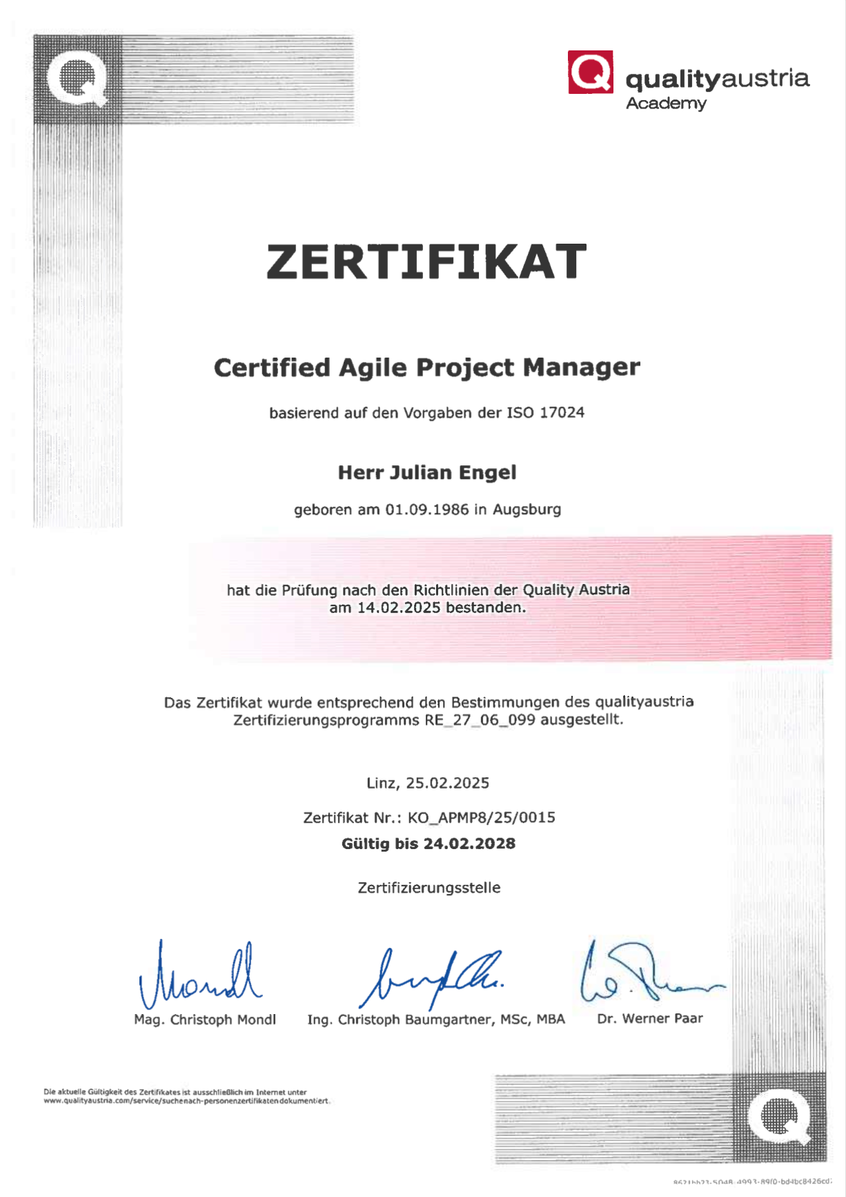 Zertifikat Agile Project Manager Quality Austria - Julian Engel