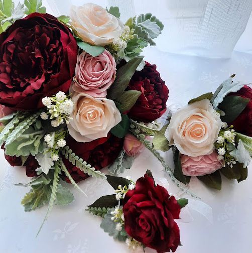 Artificial Wedding Flowers Bridal Bouquet, Corsage and Buttonhole in Burgundy, Dusky Pink and Cream