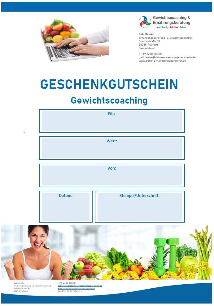 Geschenkgutschein Gewichtscoaching bei Gabi Reinke Geschenkgutschein für gesundes Abnehmen mit Erfolg