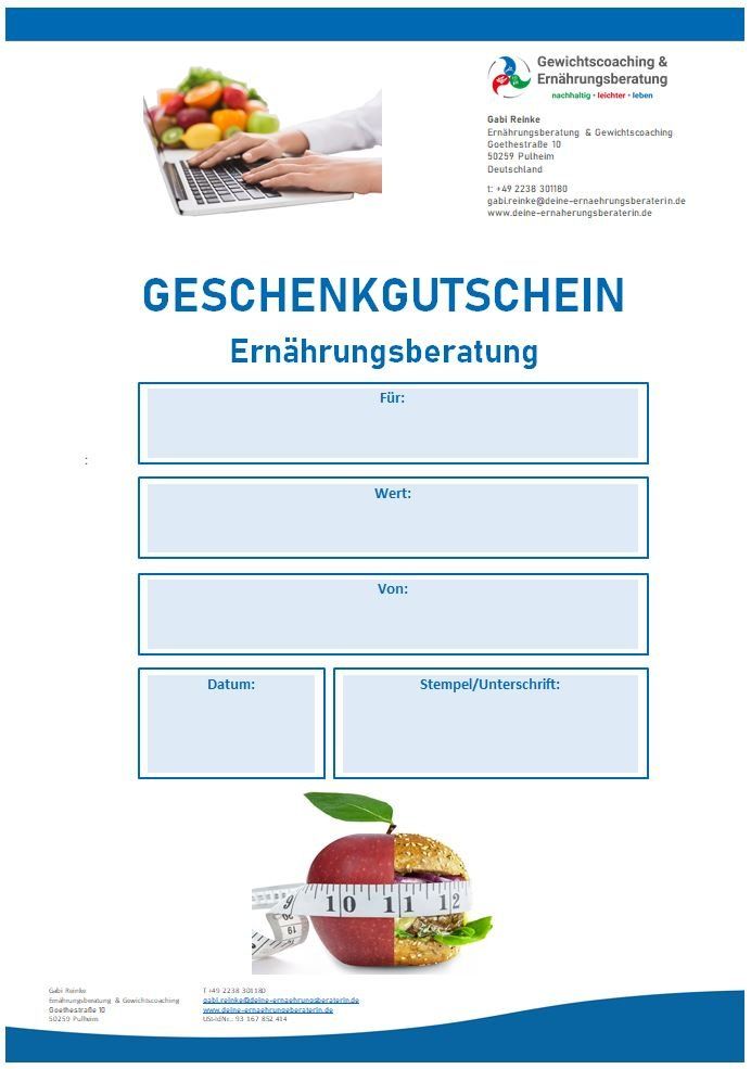 Geschenkgutschein Ernährung bei Gabi Reinke Geschenkgutschein Ernährungsberatung und präventive Gesunderhaltung