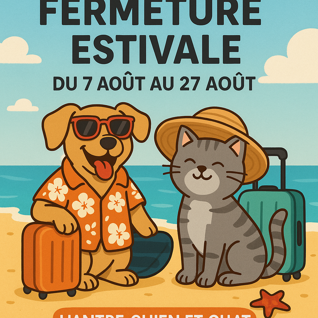 Fermeture estivale
Chers clients,
Nos magasins ainsi que notre site internet seront fermés du 7 août au 27 août inclus pour la pause estivale.
Nous vous remercions pour votre compréhension et vous souhaitons un très bel été !
À très bientôt,
L’équipe de L’ANTRE CHIEN ET CHAT