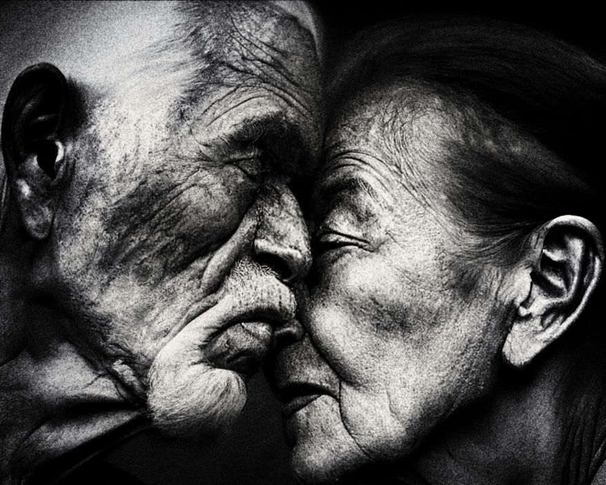 Portrait eines alten, sich liebkosenden Ehepaares in schwarz weiß