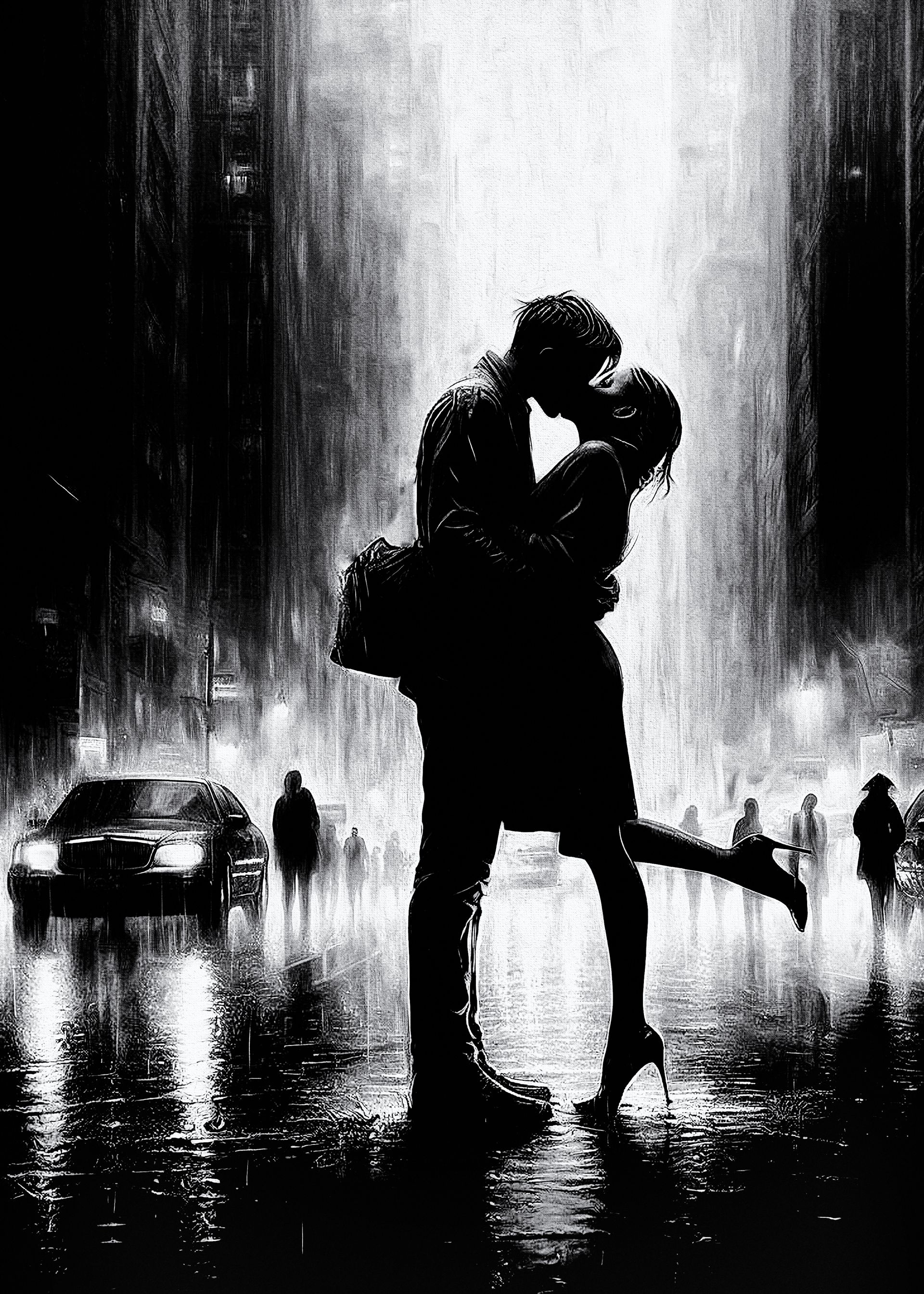 Ein junges Paar küsst sich auf regennasser Straße in New York. Digitale Kunst in schwarz weiß