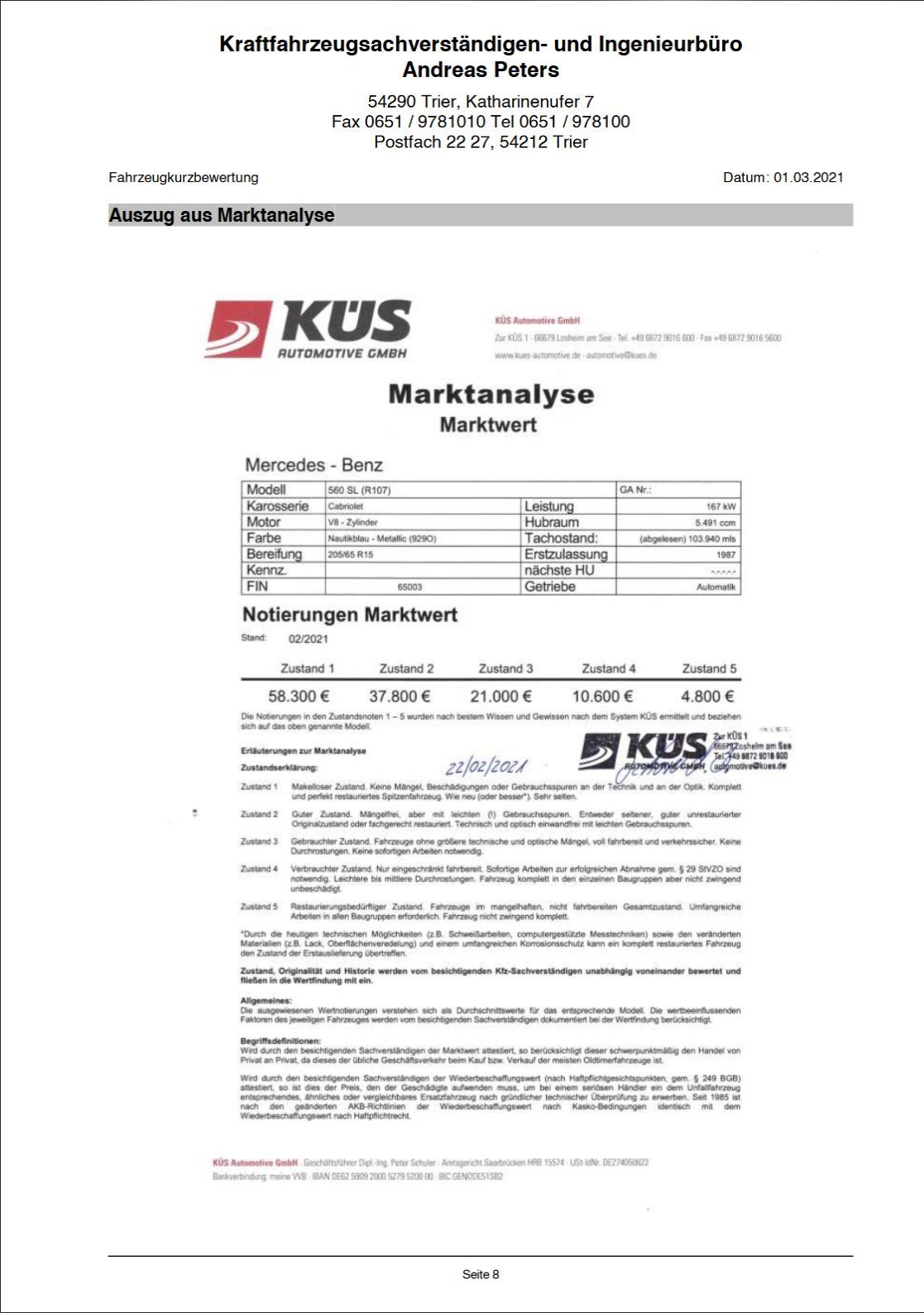 Mercedes Benz R107 - 560 SL - Wertgutachten