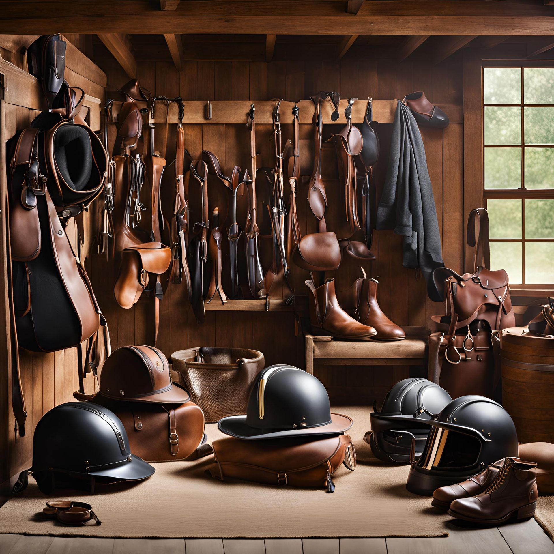 A selection of equestrian gear including saddles, helmets, boots, and grooming tools arranged in a w