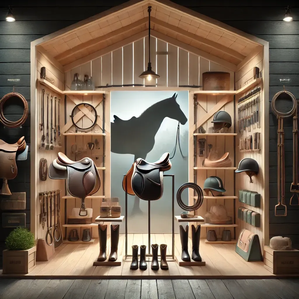 A professional equestrian setup featuring premium saddles, bridles, riding boots, and grooming kits
