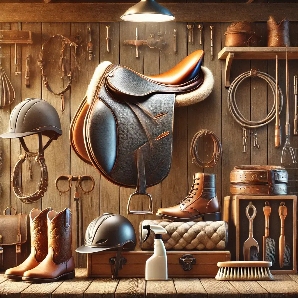 A stylish equestrian setup with premium saddles, helmets, boots, bridles, and grooming kits neatly d